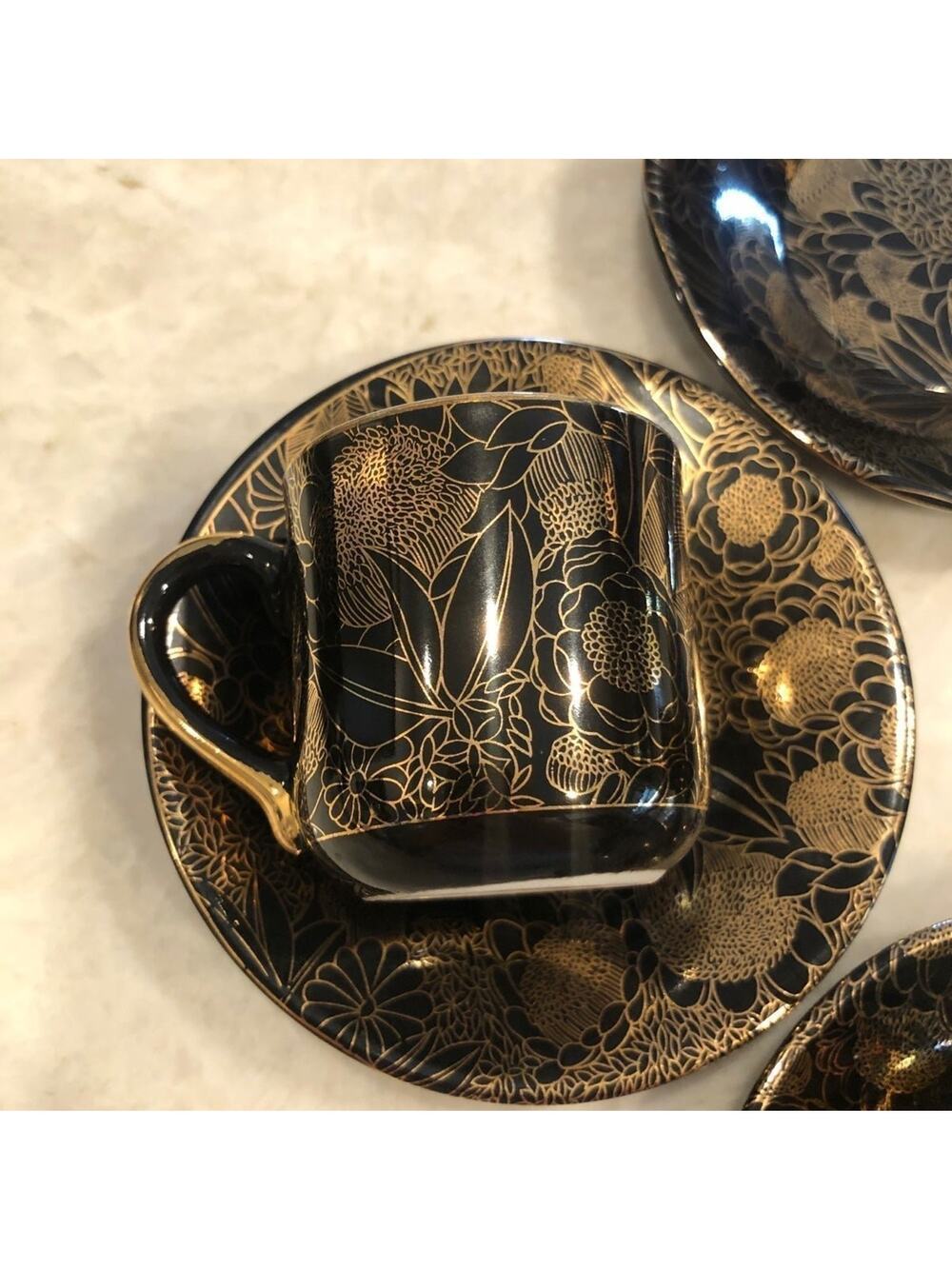 Yamasen 24kt gold on black demitasse set espresso 3 cups 4 saucers
